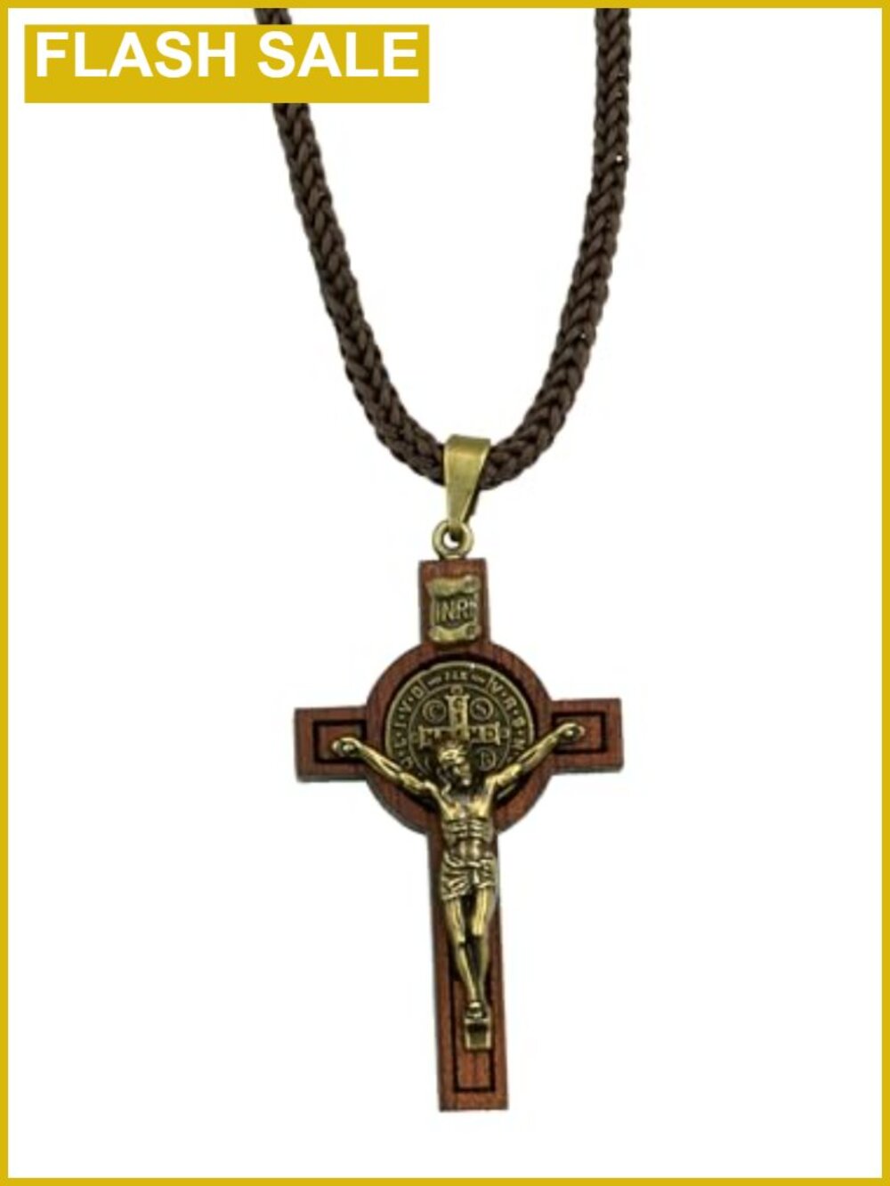 St. Benedict Wood Crucifix Cord Necklace Unisex Religious Pendant 24 in
